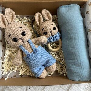 Handmade Baby Gift Set – Crochet Bunny, Rattle, Swaddle & Pacifier Clip